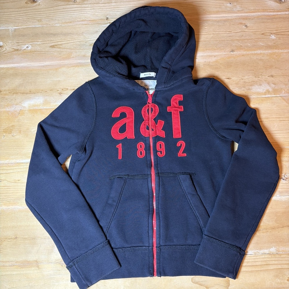 Abercrombie & Fitch Hoodie‎ Kids size M Navy Red Fleece Full Zip Jacket Hood